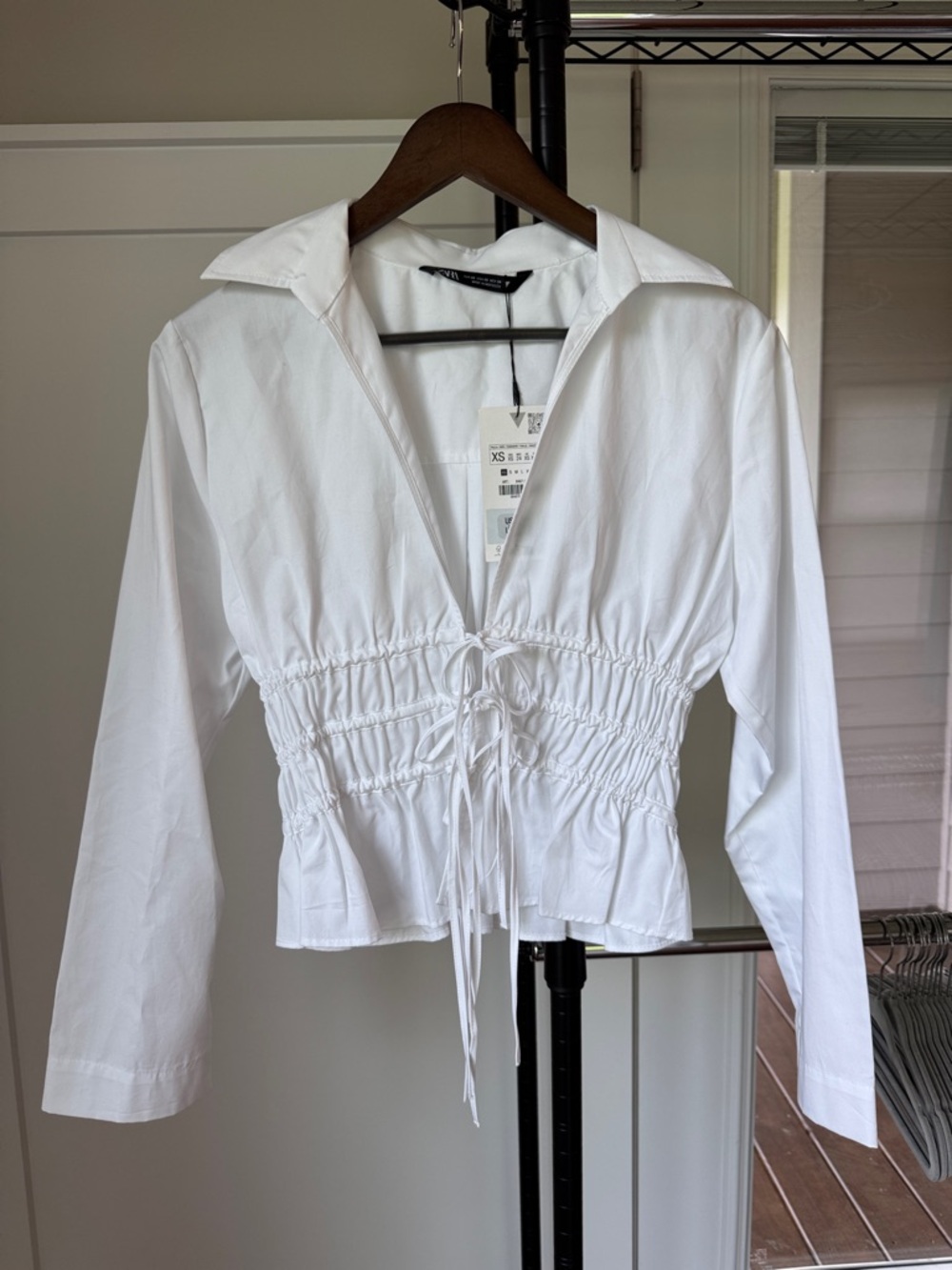 Zara White Drawstring Shirred-Waist Button-Front Top